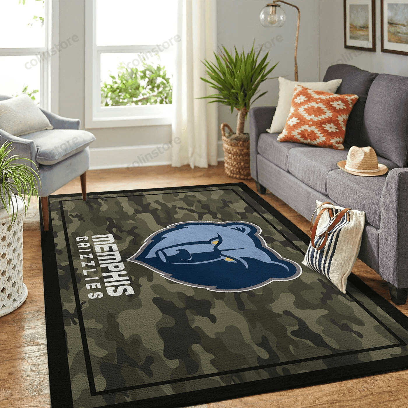 Memphis Grizzlies Team Logo Camo Rectangle Area Rug – Full Print Carpet For Living Room & Bedroom Home Decor