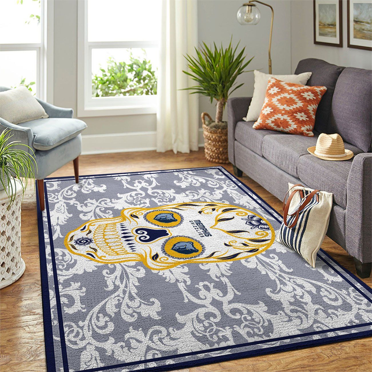 Memphis Grizzlies Team Logo Skull Flower Rectangle Area Rug – Full Print Carpet For Living Room & Bedroom Home Decor