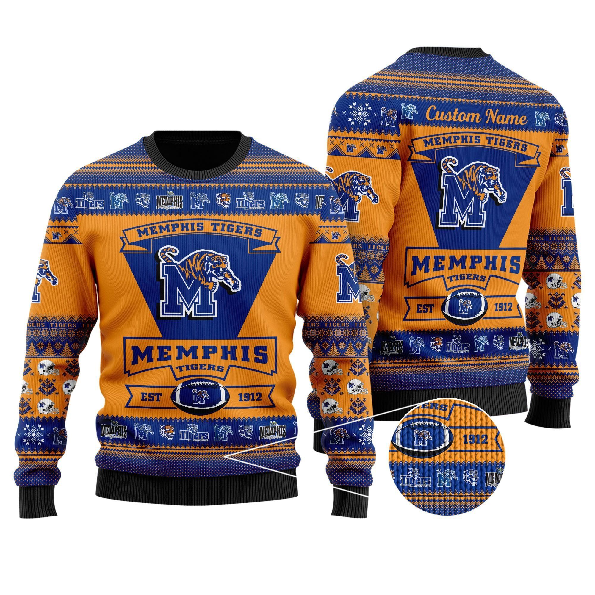 Memphis Tigers Football Team Logo Custom Name Personalized Ugly Christmas Sweater Holiday Party Men Women Plus Size