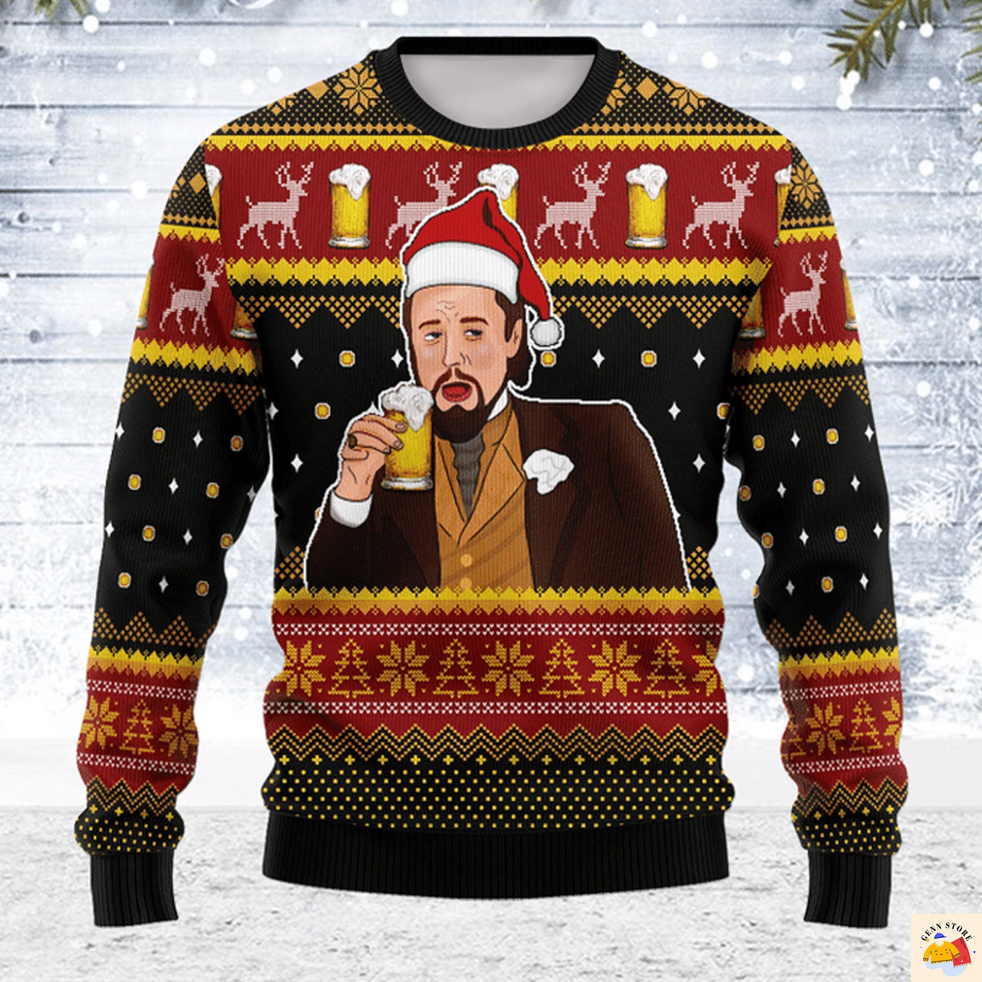 Men's Leo Laughing Meme Drinking Ugly Christmas Sweater