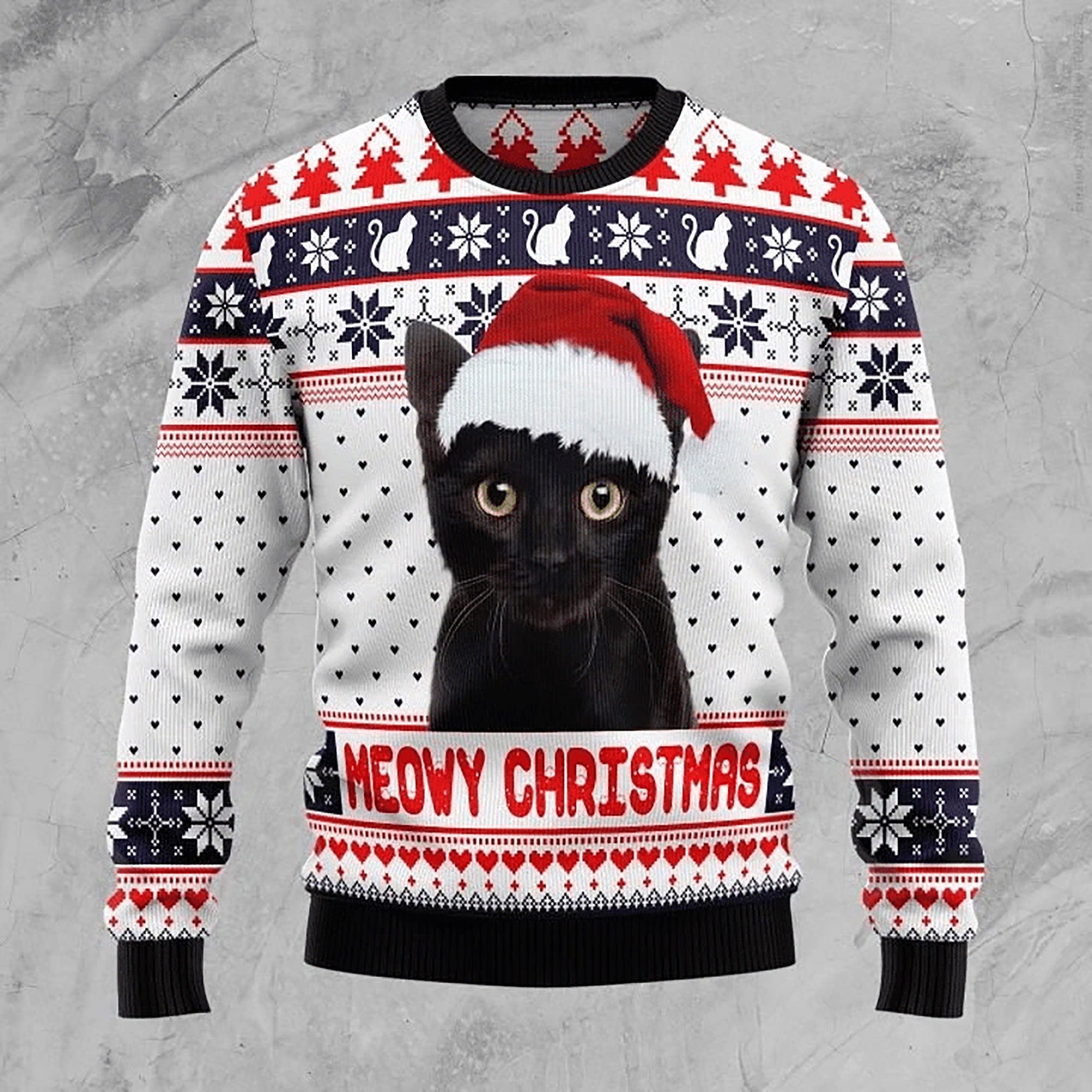 Meowy Black Cat Christmas White Ugly Christmas Sweater