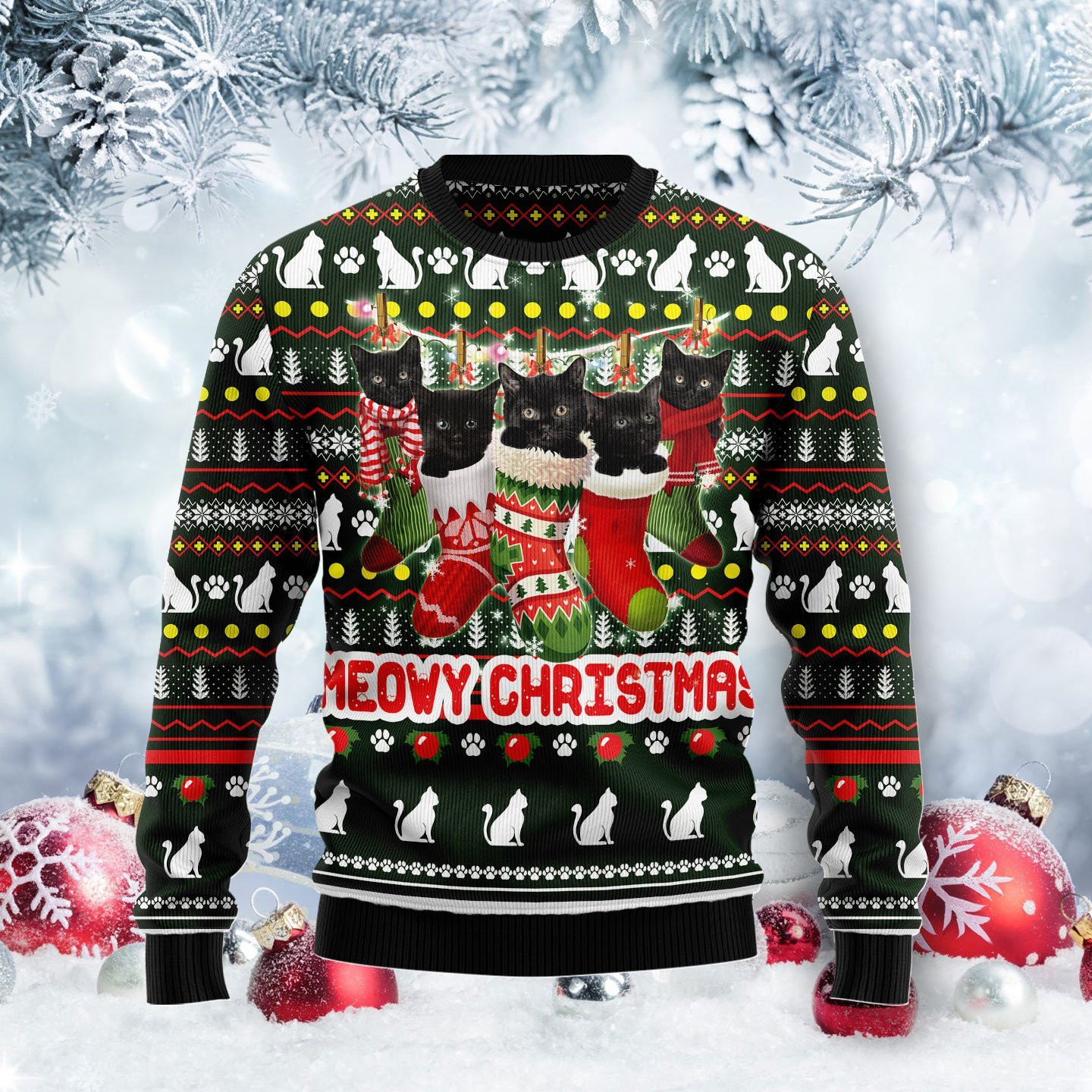 Meowy Christmas Black Cat Ugly Christmas Sweater, Perfect Holiday Gift
