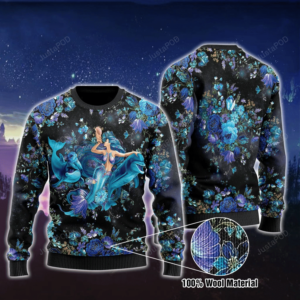 Mermaid And Dolphins Blue Flower Ugly Christmas Sweater, Perfect Holiday Gift