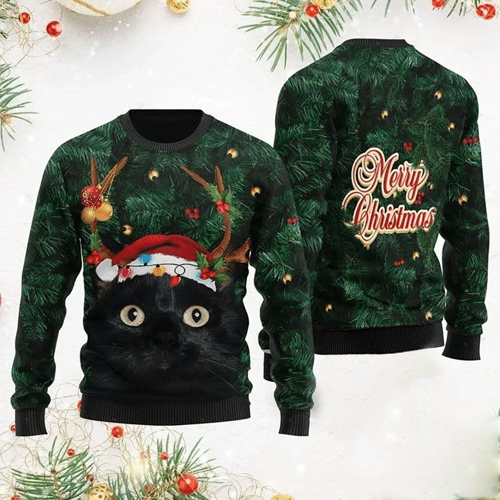 Merry Christmas Black Cat In Pine Tree Christmas Ugly Christmas Sweater