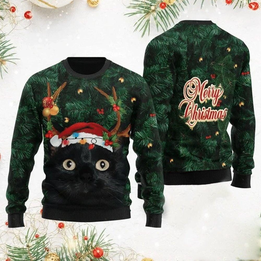 Merry Christmas Black Cat Ugly Christmas Sweater, Perfect Holiday Gift
