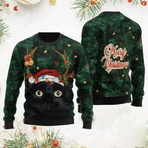 Merry Christmas Black Cat Ugly Christmas Sweater, Perfect Holiday Gift