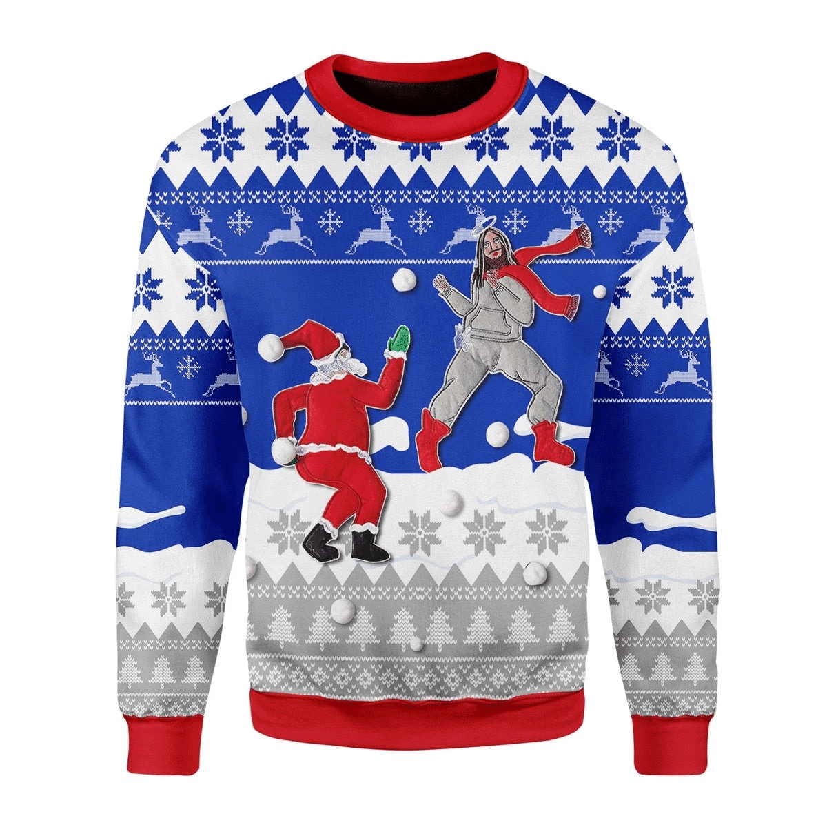 Merry Christmas Santa And Jesus Playing Snowball For Unisex Ugly Christmas Sweater,