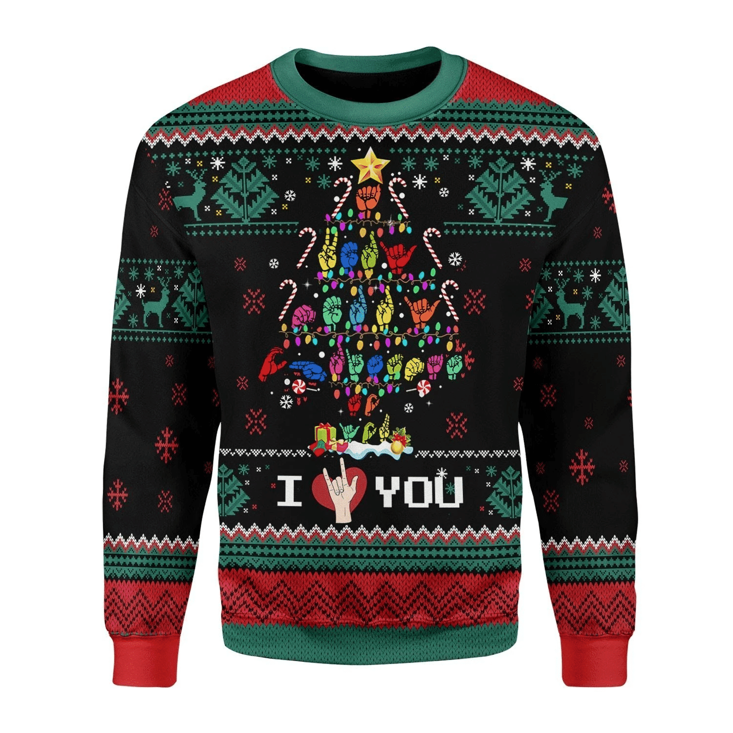Merry Christmas Tree Sign Language I Love You For Men Ugly Christmas Sweater,