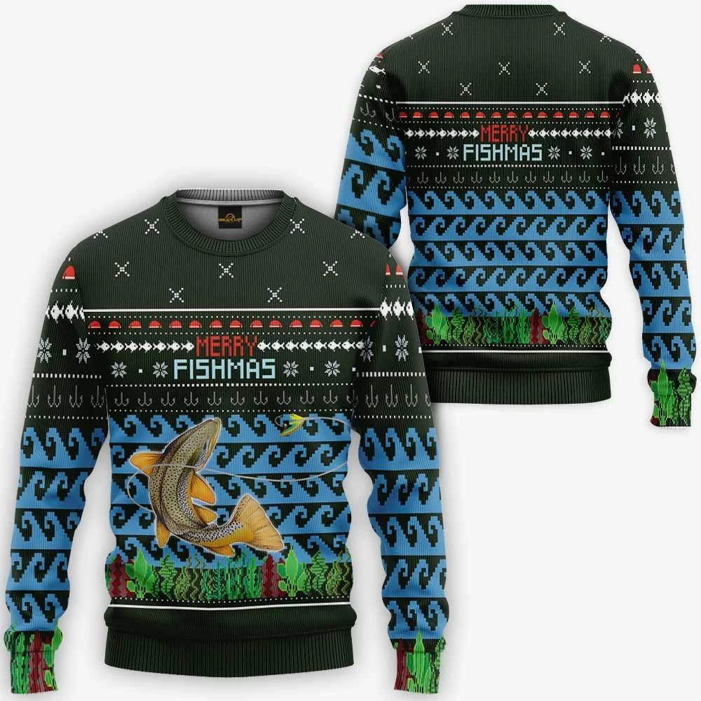 Merry Fishmas Brown Trout Fishing Ugly Christmas Sweater, Perfect Holiday Gift