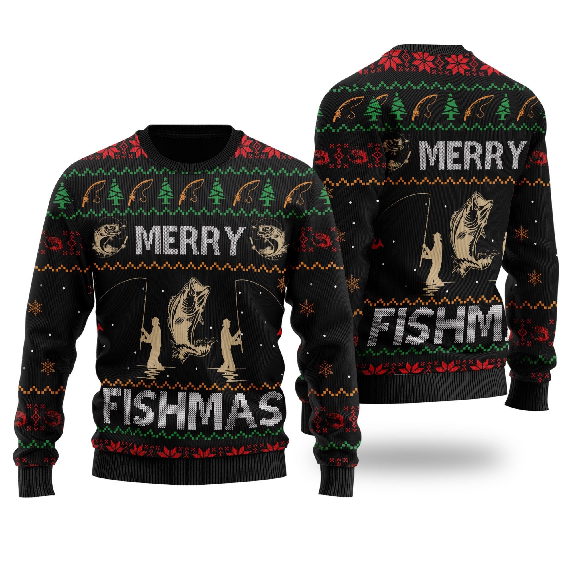 Merry Fishmas Fishing Image Fish Noel Pattern Ugly Christmas Sweater