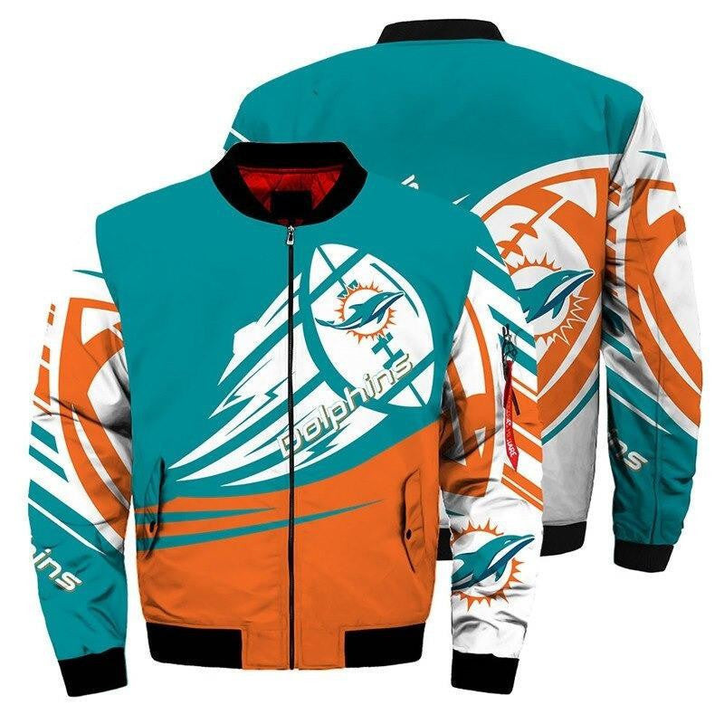 Miami Dolphins Aqua Orange Bomber Jacket | NFL Team Jacket for Men & Women | Football Fan Gift