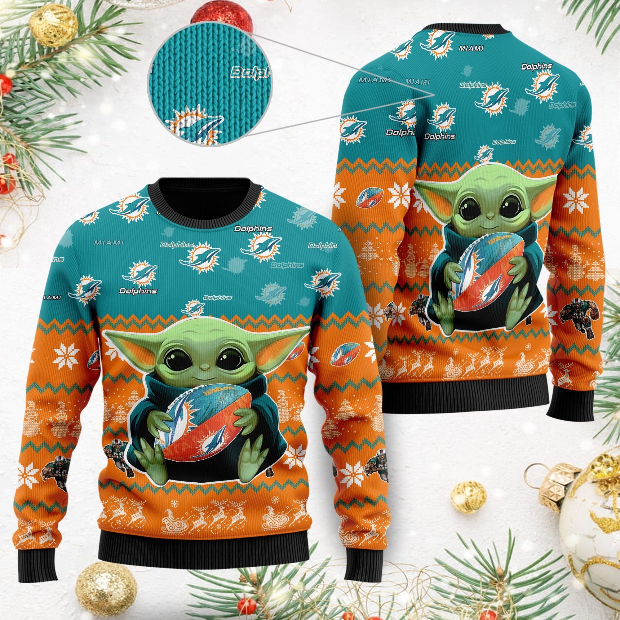Miami Dolphins Baby Yoda Ugly Christmas Sweater For American Football Fans