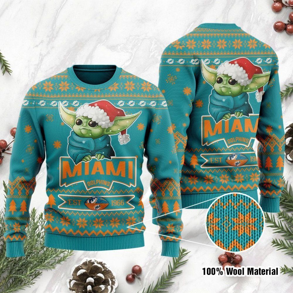 Miami Dolphins Cute Baby Yoda Grogu Ugly Christmas Sweater Holiday Party Men Women Full Plus Size
