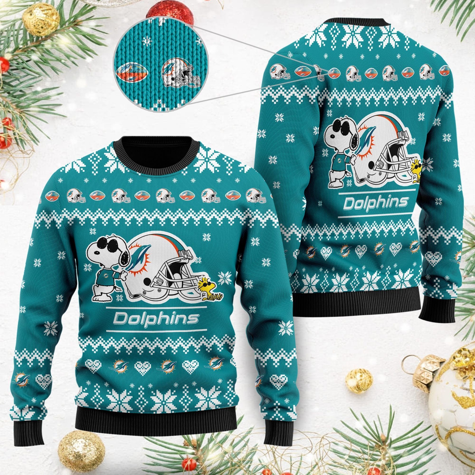 Miami Dolphins Cute The Snoopy Show Football Helmet 3D All Over Print Ugly Christmas Sweater For American Football Players And Fans On Christmas Days