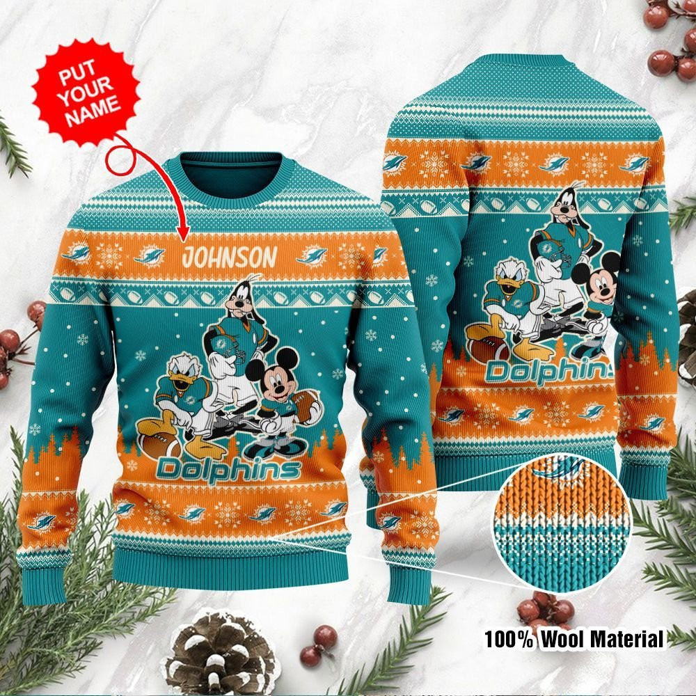 Miami Dolphins Disney Donald Duck Mickey Mouse Goofy Personalized Ugly Christmas Sweater, Perfect Holiday Gift