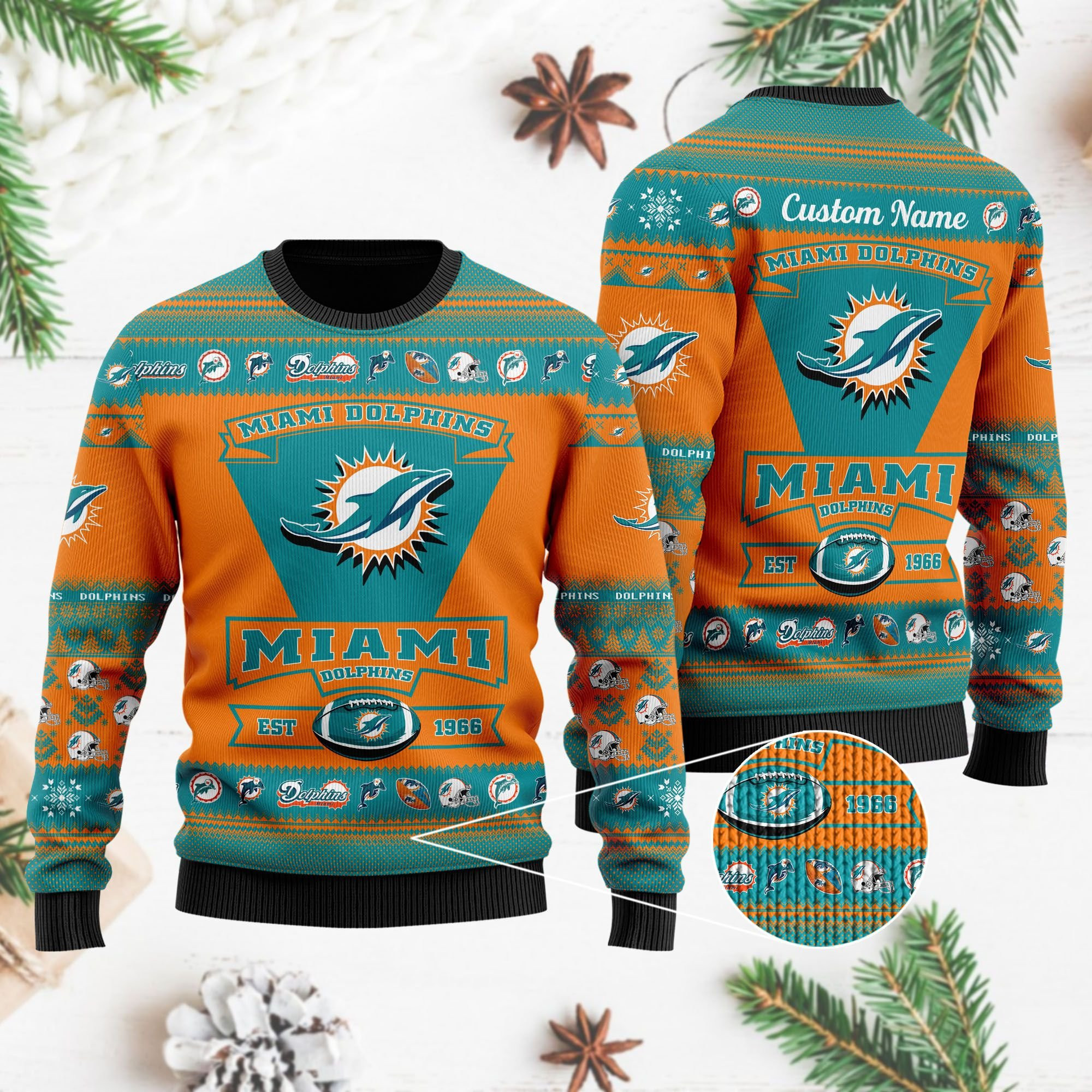 Miami Dolphins Football Team Logo Custom Name Personalized Ugly Christmas Sweater Perfect Holiday Gift