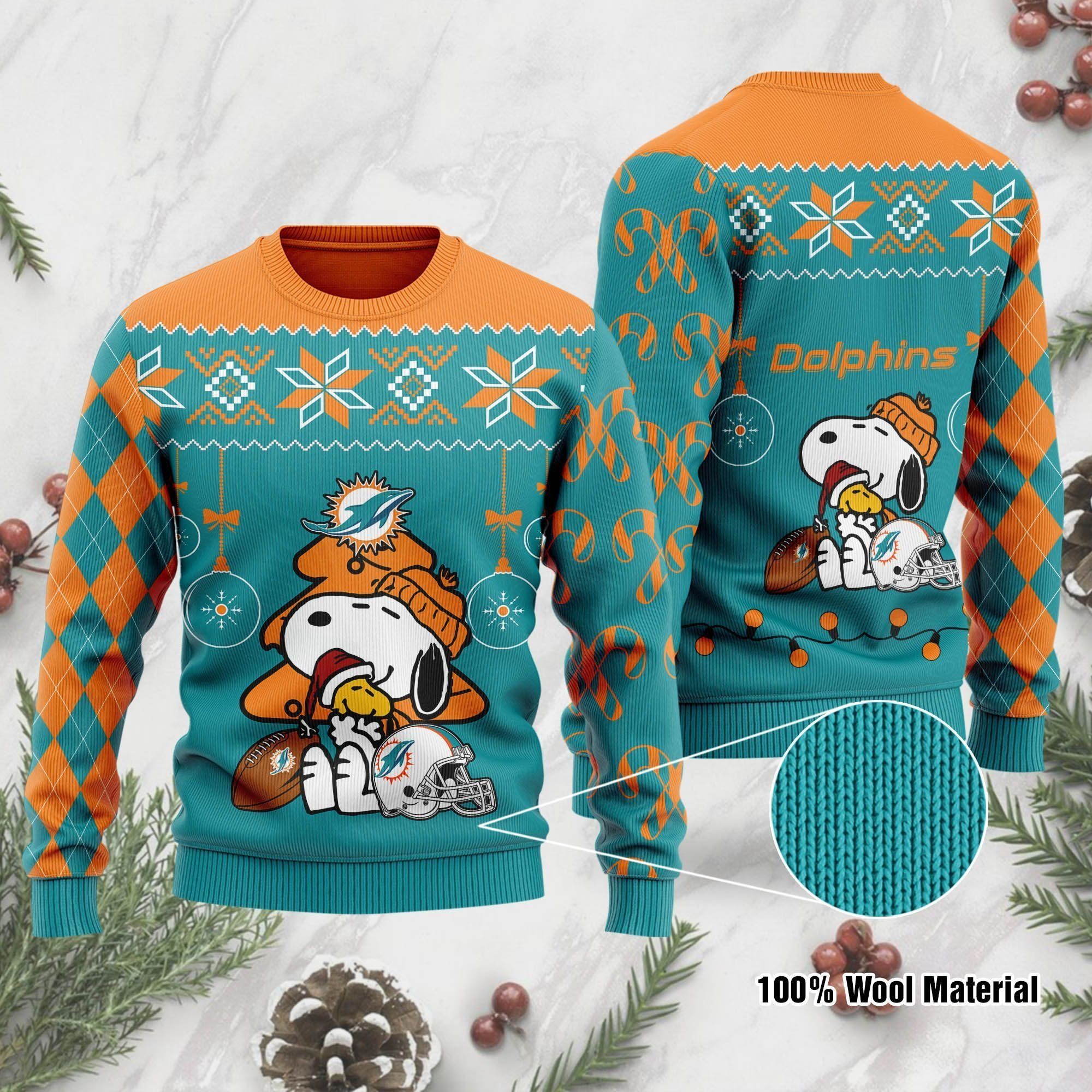 Miami Dolphins Funny Charlie Brown Peanuts Snoopy Ugly Christmas Sweater Holiday Party Men Women Plus Size