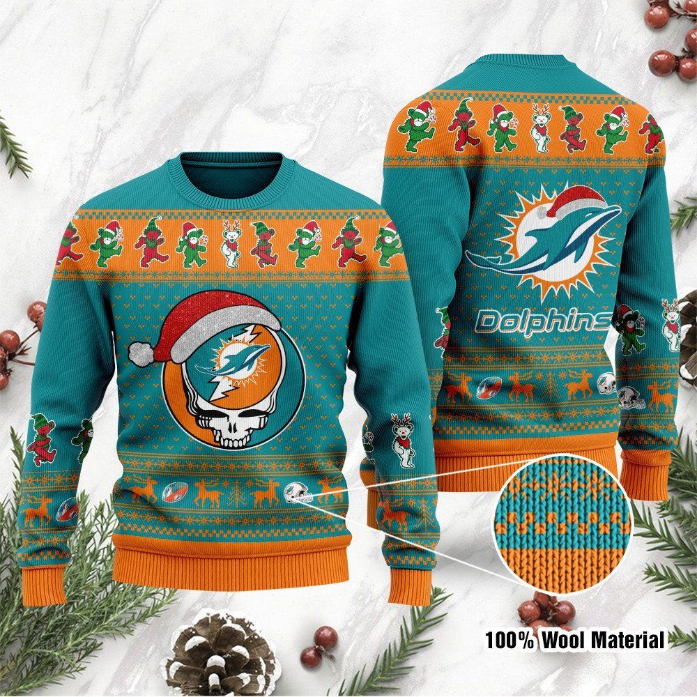 Miami Dolphins Grateful Dead SKull And Bears Custom Name Ugly Christmas Sweater NFL Football Christmas