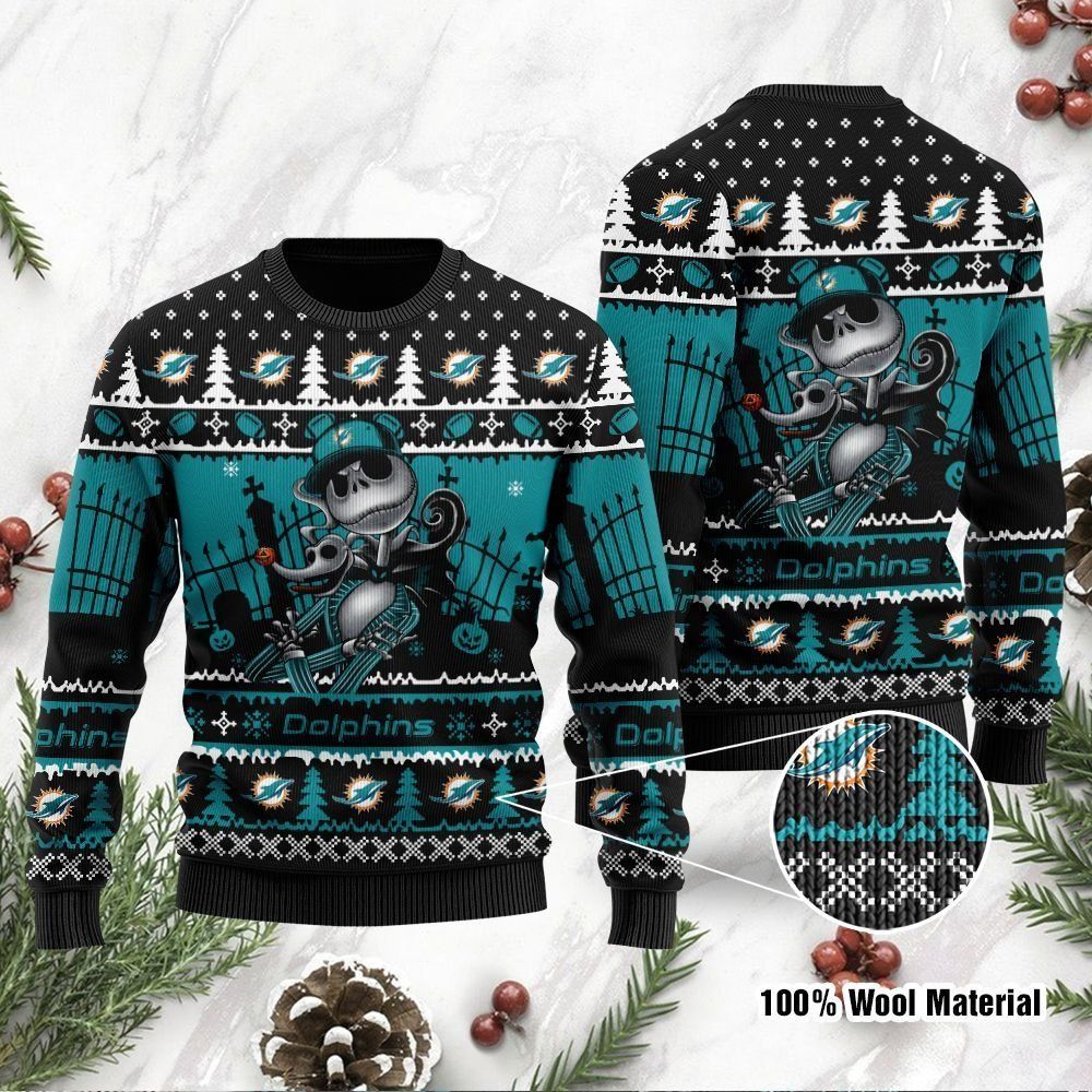 Miami Dolphins Jack Skellington Halloween Ugly Christmas Sweater Holiday Party Men Women Full Plus Size