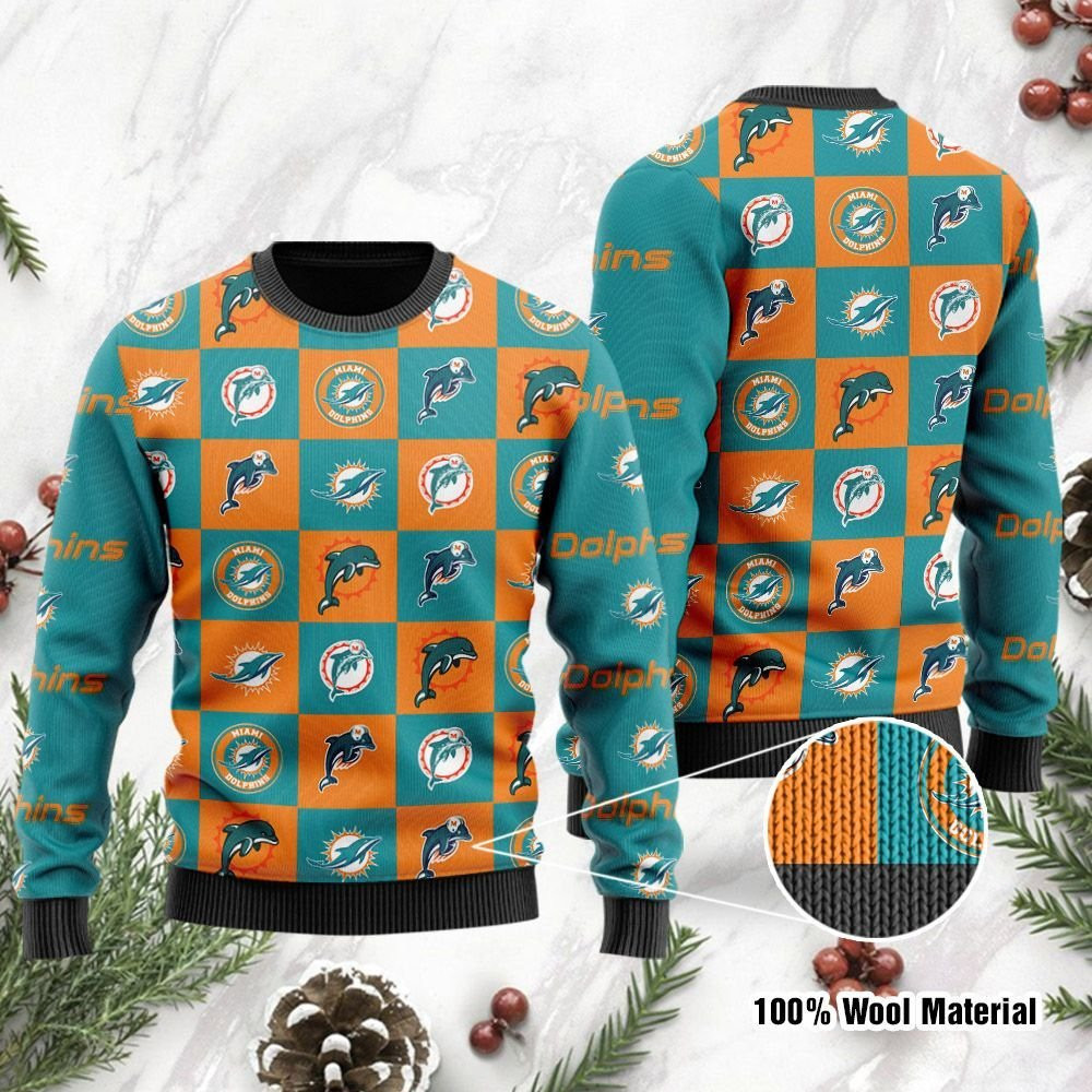 Miami Dolphins Logo Checkered Flannel Ugly Christmas Sweater Perfect Holiday Gift