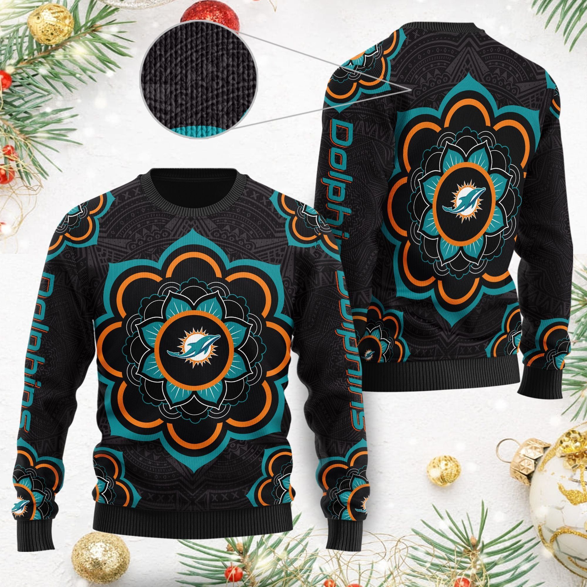 Miami Dolphins Mandala Logo Ugly Christmas Sweater NFL Football Fans On Xmas