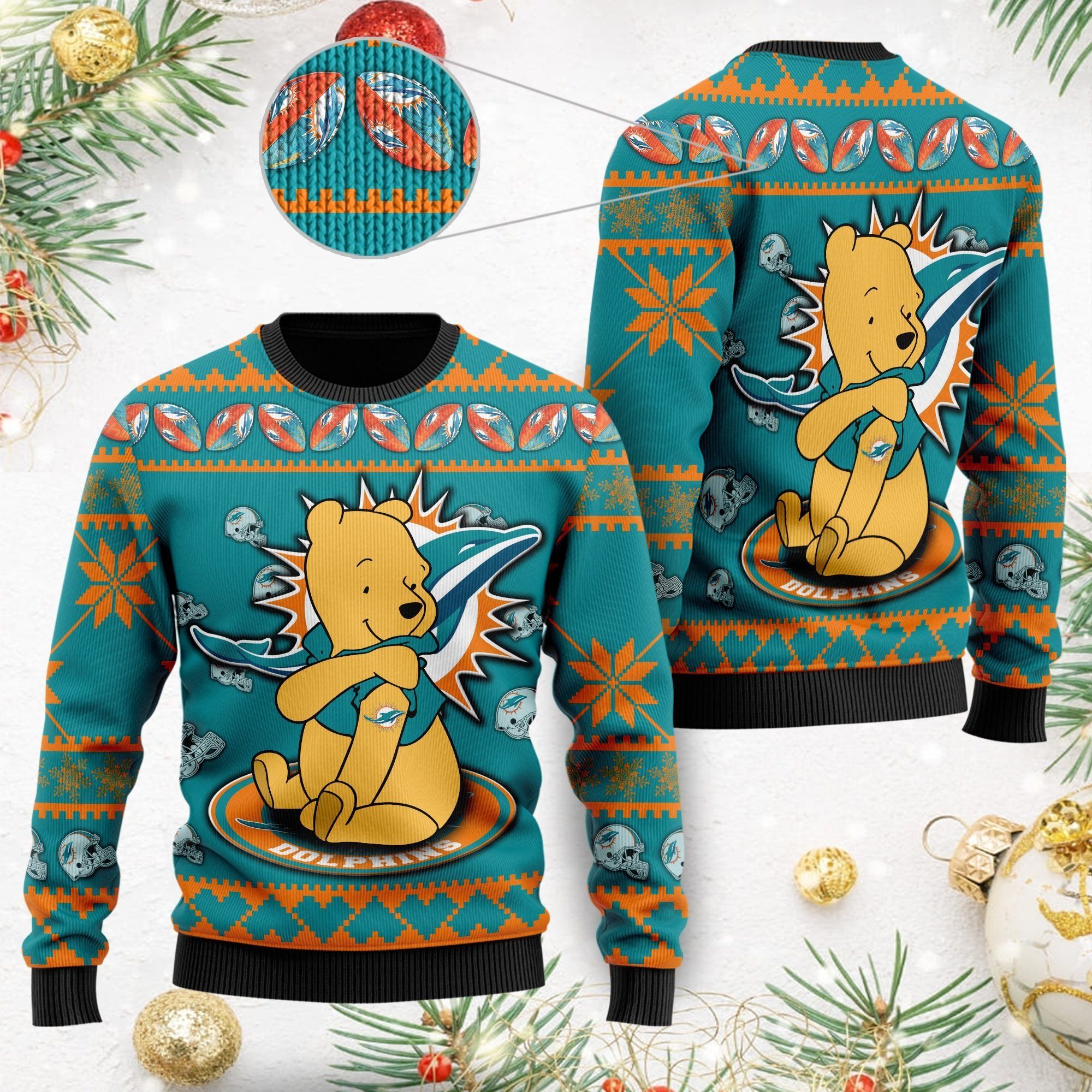 Miami Dolphins NFL American Football Team Logo Cute Winnie The Pooh Bear 3D Ugly Christmas Sweater