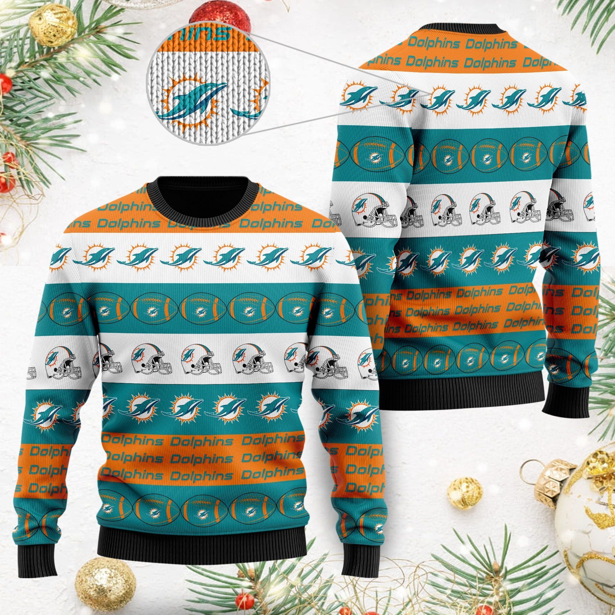 Miami Dolphins NFL American Football Team Logo Helmet Symbols Men Women Ugly Christmas Sweater