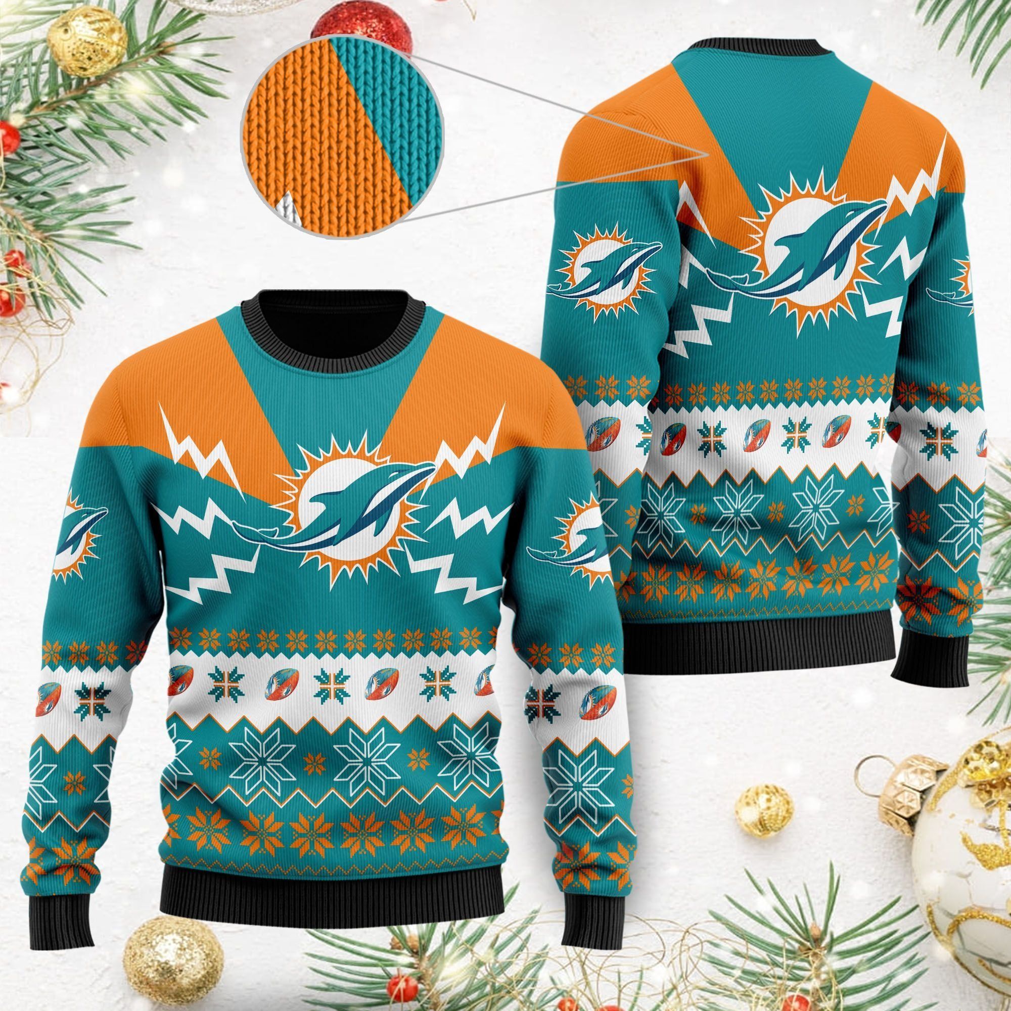 Miami Dolphins NFL Football Team Logo Symbol 3D Ugly Christmas Sweater