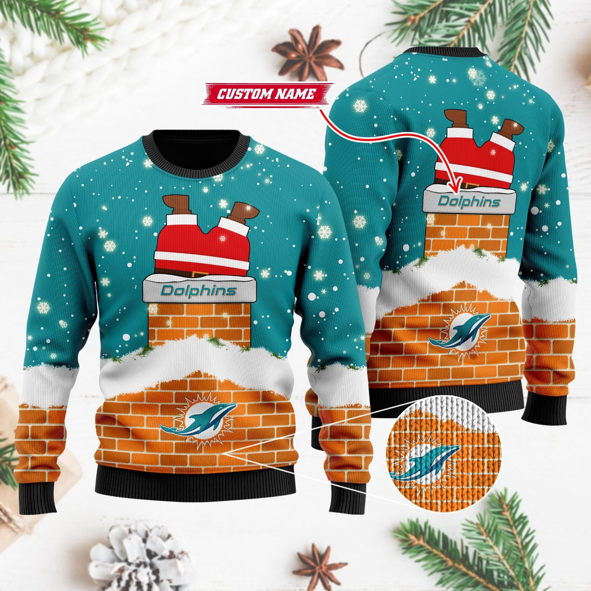 Miami Dolphins NFL Football Team Logo Symbol Santa Claus Custom Name Personalized 3D Ugly Christmas Sweater