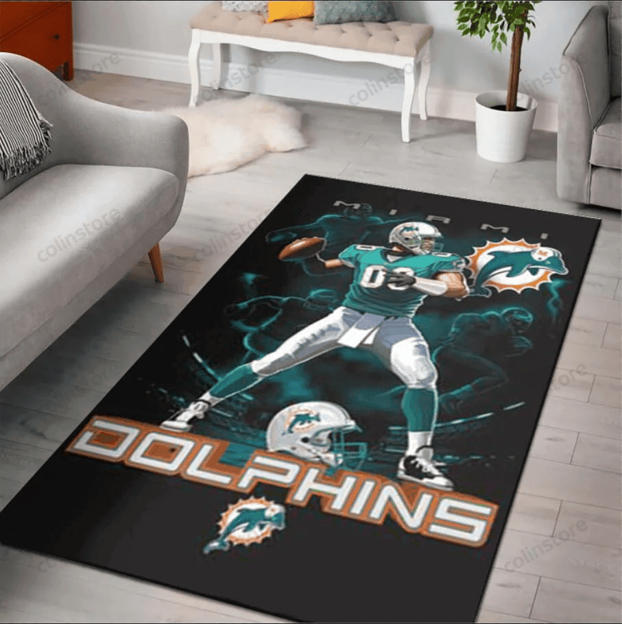 Miami Dolphins On Fire Rectangle Area Rug – Full Print Carpet For Living Room & Bedroom Home Decor