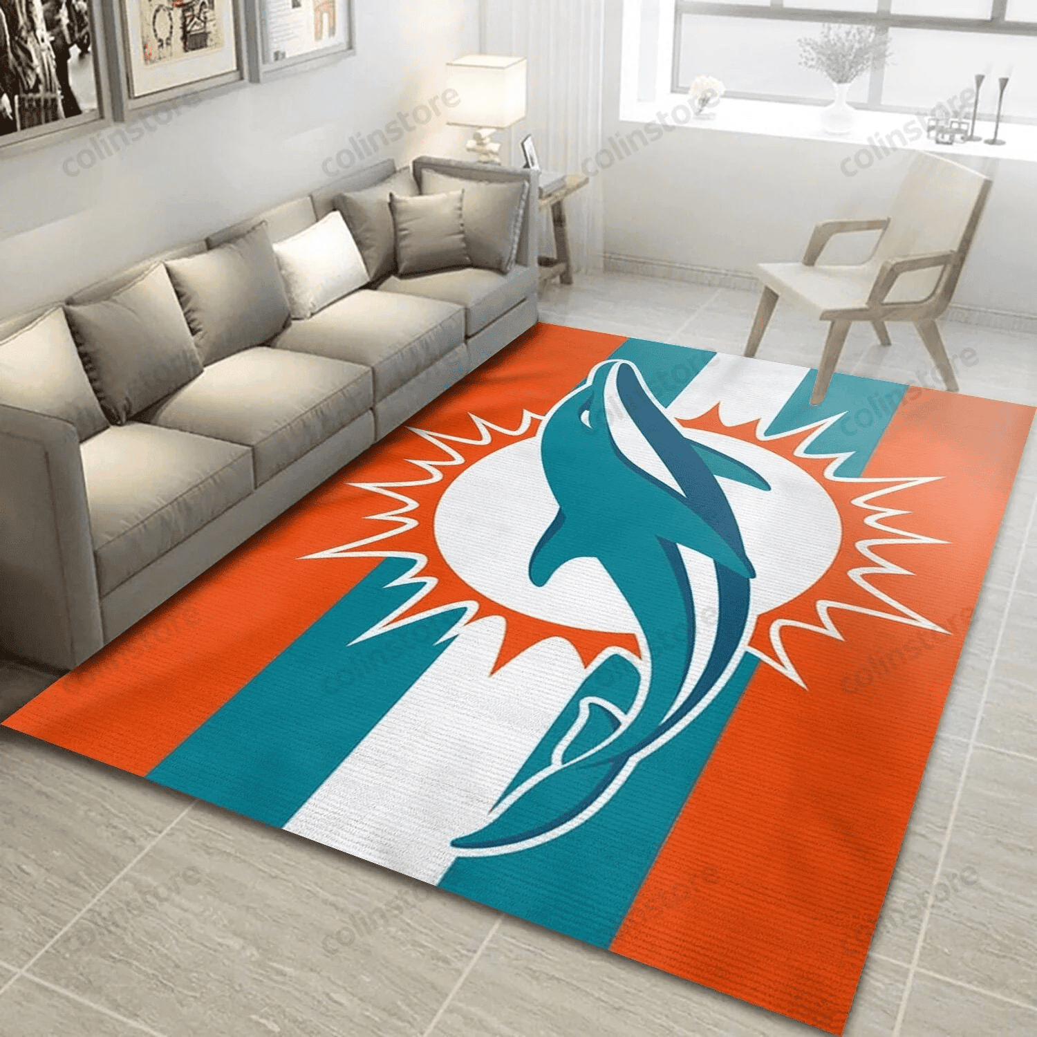 Miami Dolphins Rectangle Area Rug – Full Print Carpet For Living Room & Bedroom Home Decor