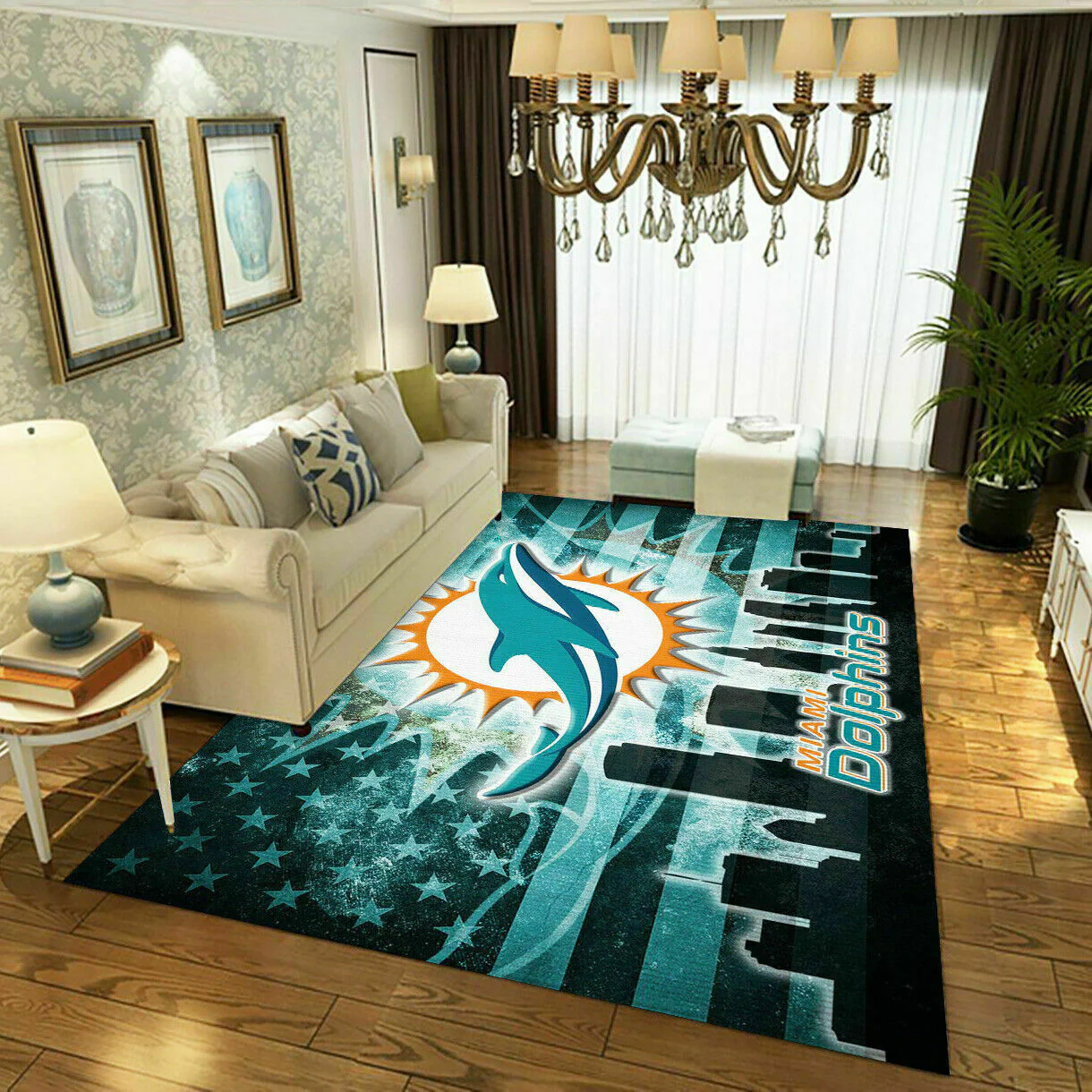 Miami Dolphins Rectangle Area Rug – Full Print Carpet For Living Room & Bedroom Home Decor