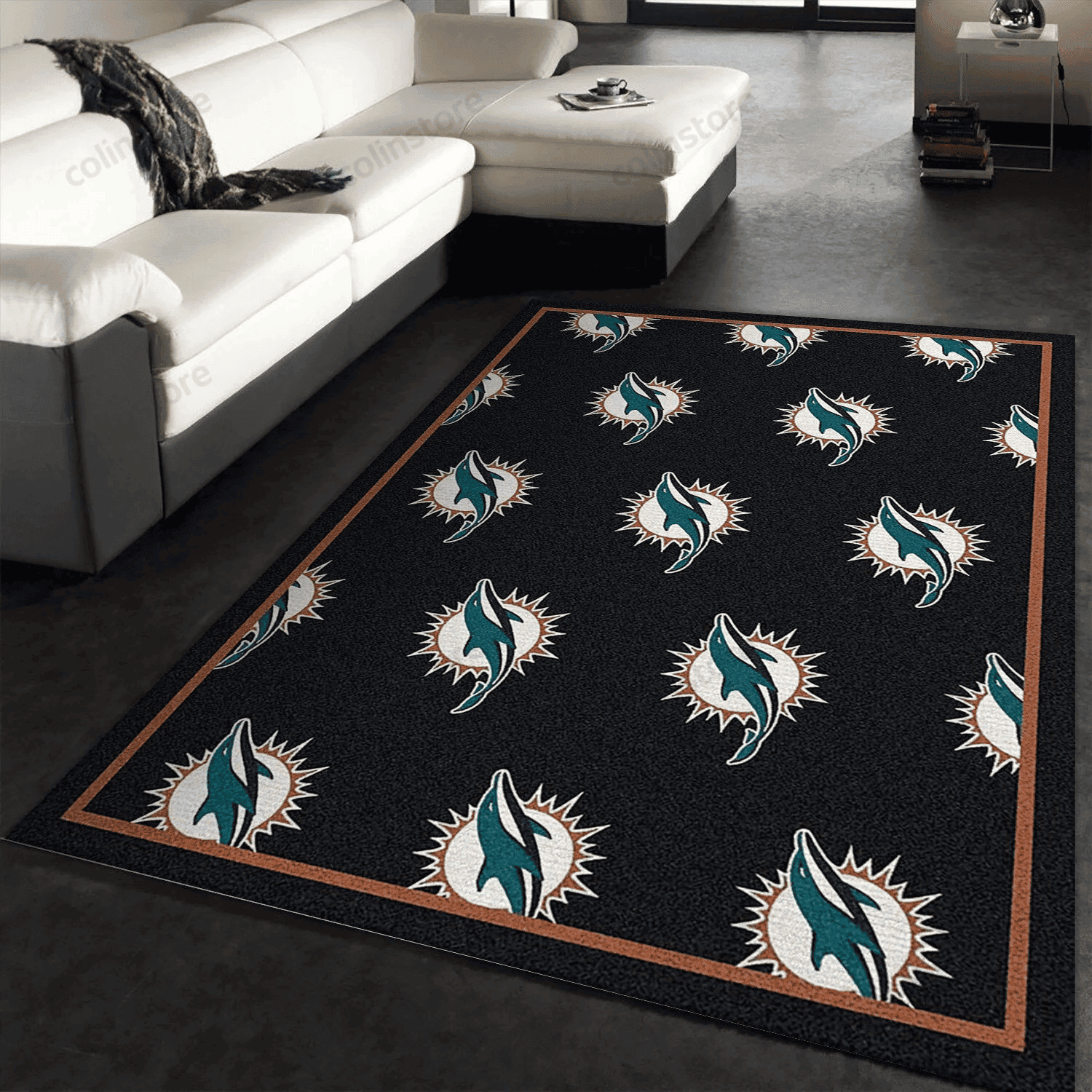 Miami Dolphins Repeat Rug Team Rectangle Area Rug – Full Print Carpet For Living Room & Bedroom Home Decor
