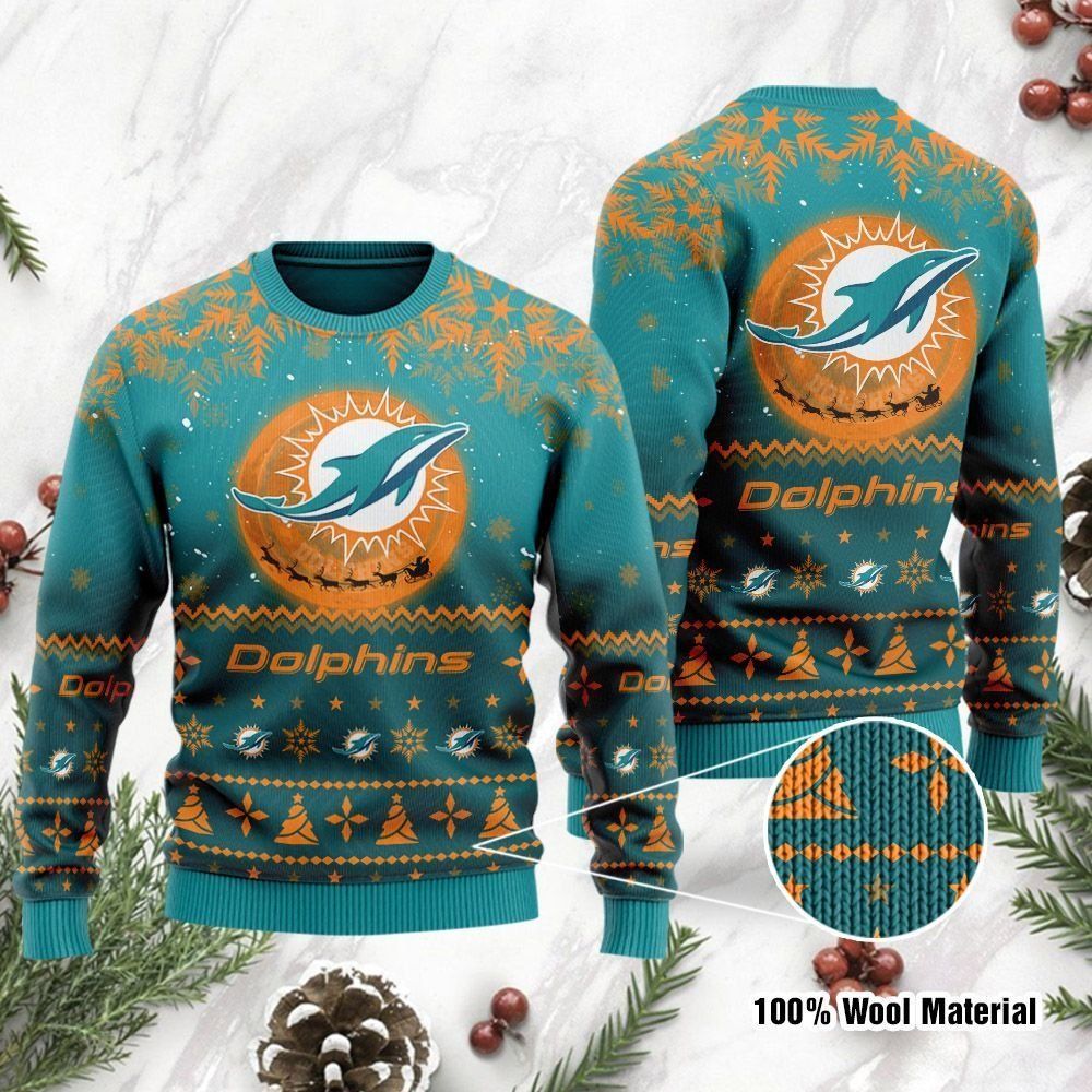 Miami Dolphins Santa Claus In The Moon Ugly Christmas Sweater Holiday Party For Men Women
