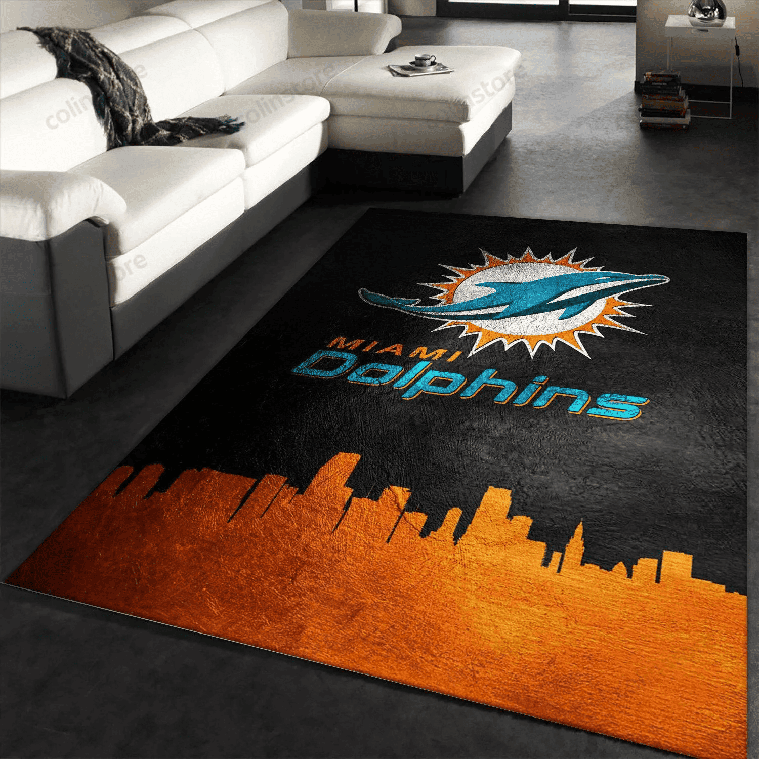 Miami Dolphins Skyline Team Logos Rectangle Area Rug – Full Print Carpet For Living Room & Bedroom Home Decor