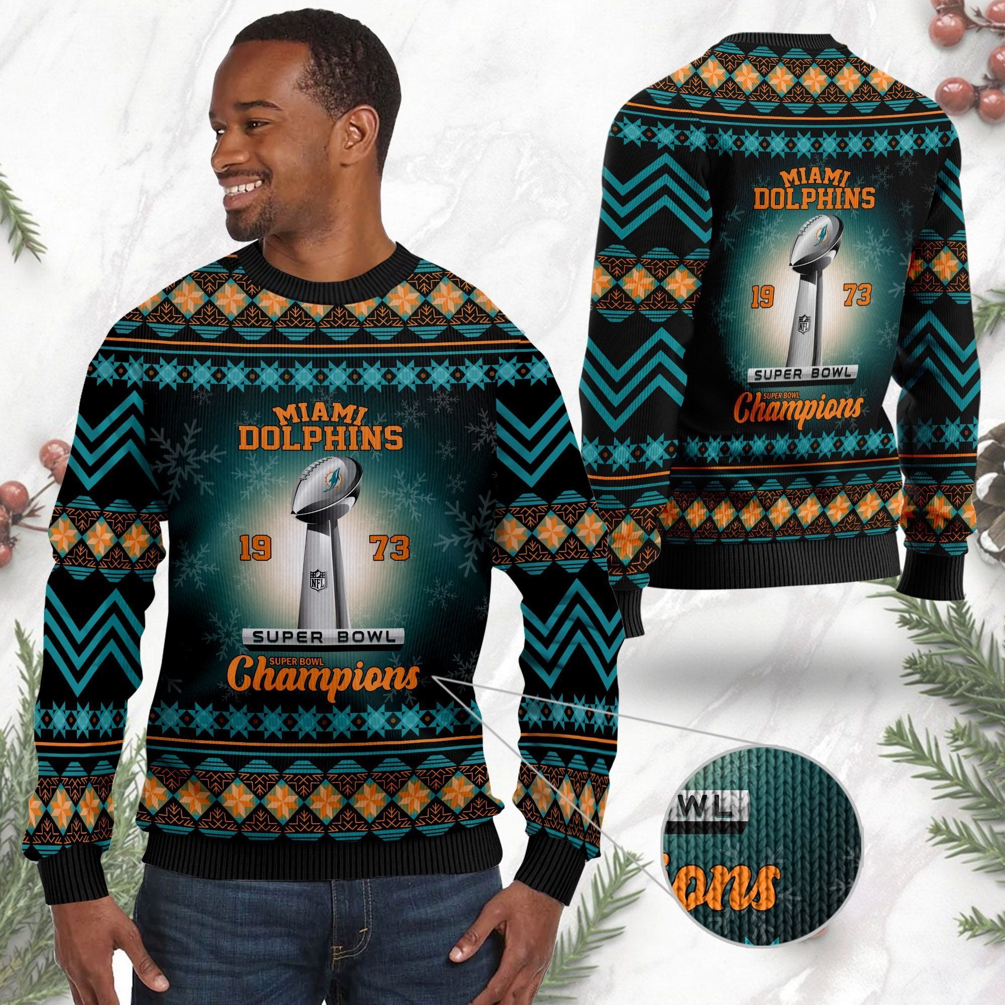 Miami Dolphins Super Bowl Champions NFL Cup Ugly Christmas Sweater