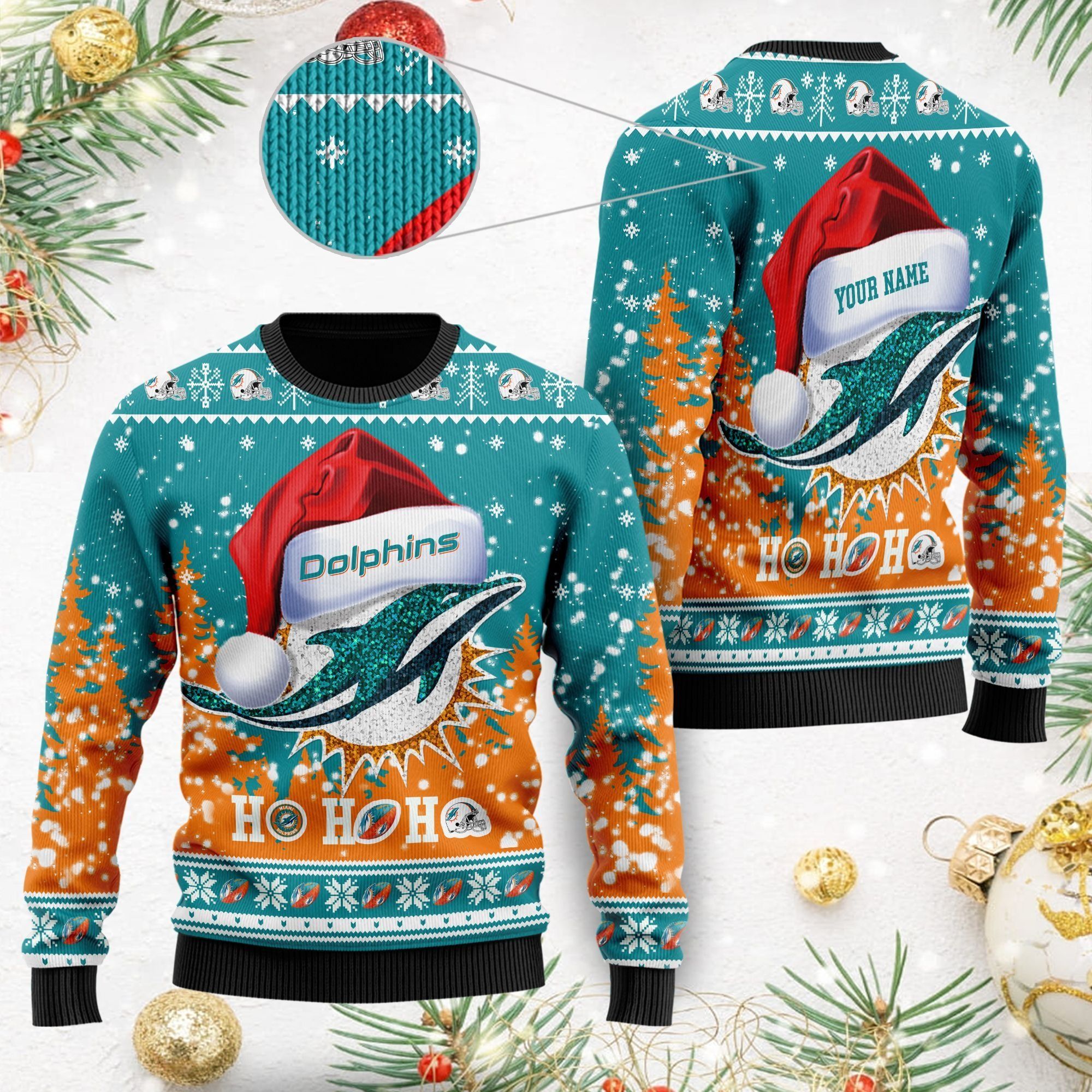 Miami Dolphins Symbol Wearing Santa Claus Hat Cute Pattern Ho Ho Ho Custom Personalized Ugly Christmas Sweater For Football Fans On Xmas Party