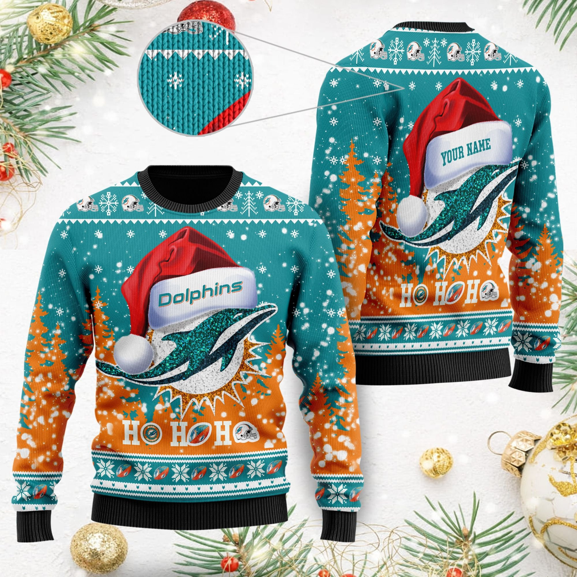 Miami Dolphins Symbol Wearing Santa Claus Hat Ho Ho Ho Custom Personalized Ugly Christmas Sweater Perfect Holiday Gift