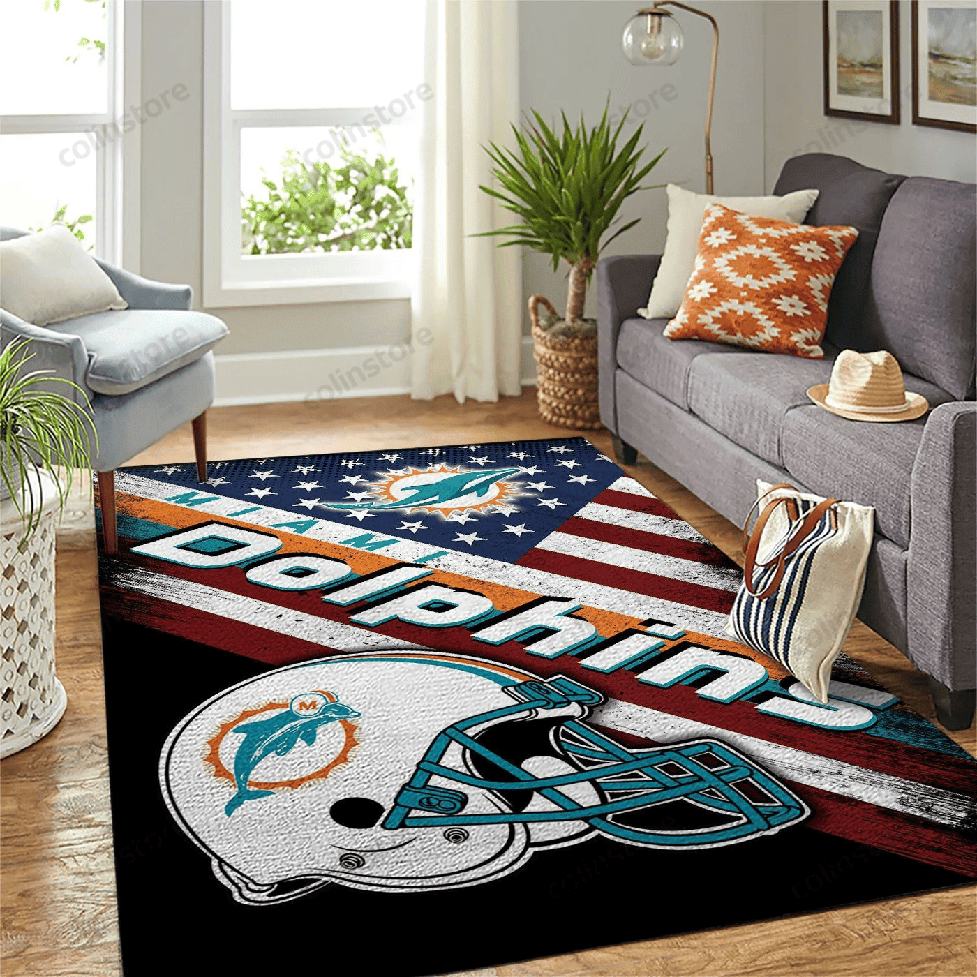 Miami Dolphins Team Logo American Rectangle Area Rug – Full Print Carpet For Living Room & Bedroom Home Decor
