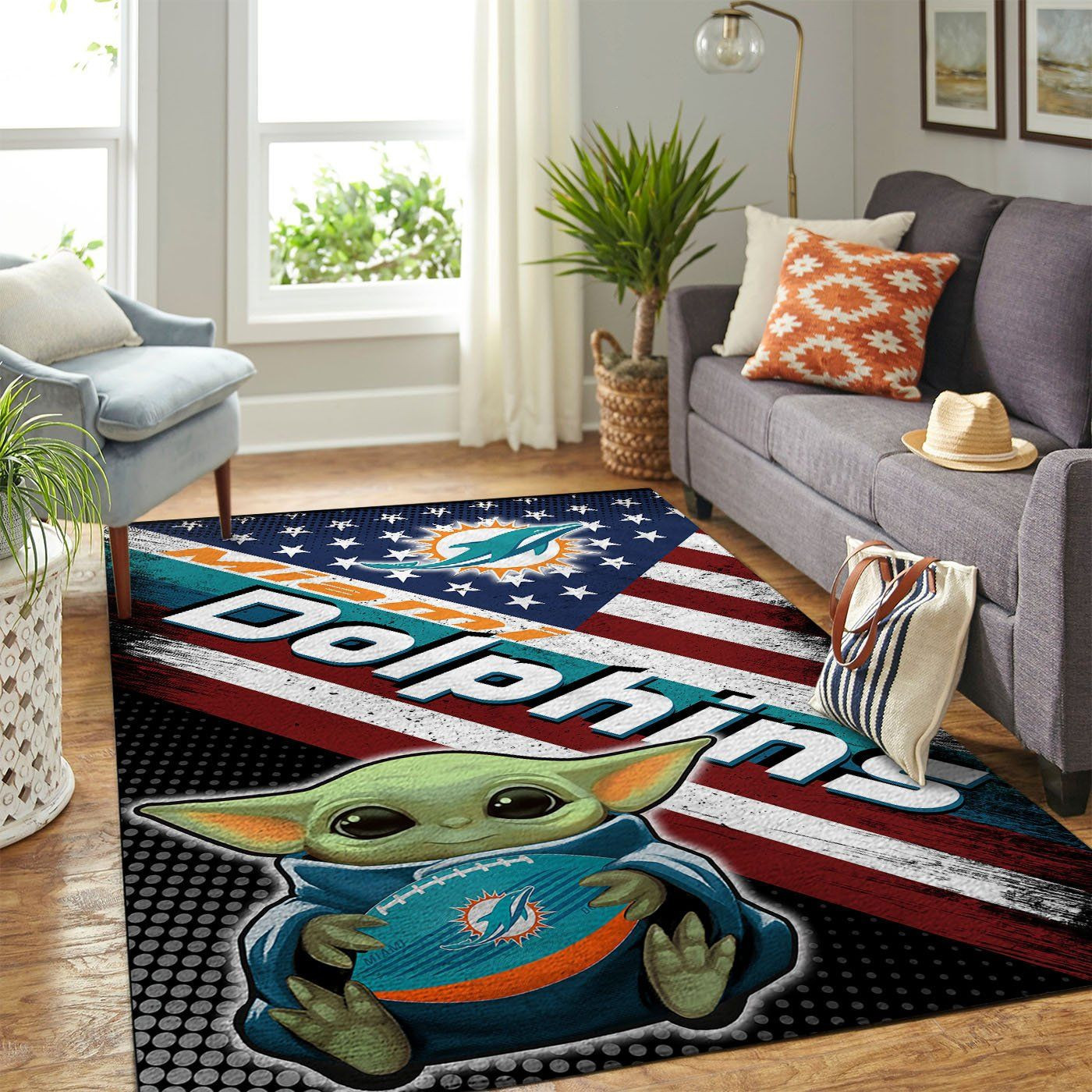 Miami Dolphins Team Logo Baby Yoda Us Rectangle Area Rug – Full Print Carpet For Living Room & Bedroom Home Decor