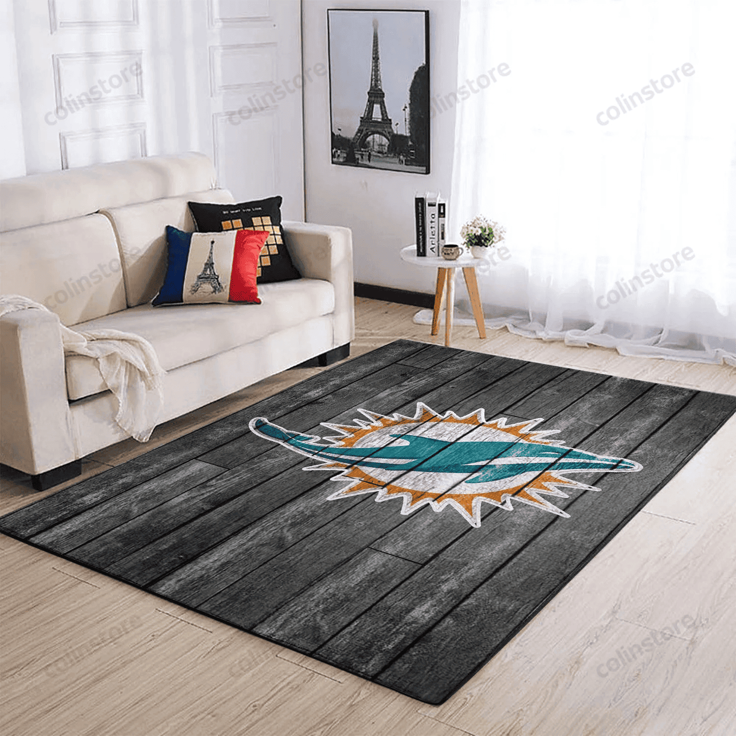 Miami Dolphins Team Logo Grey Wooden Rectangle Area Rug – Full Print Carpet For Living Room & Bedroom Home Decor