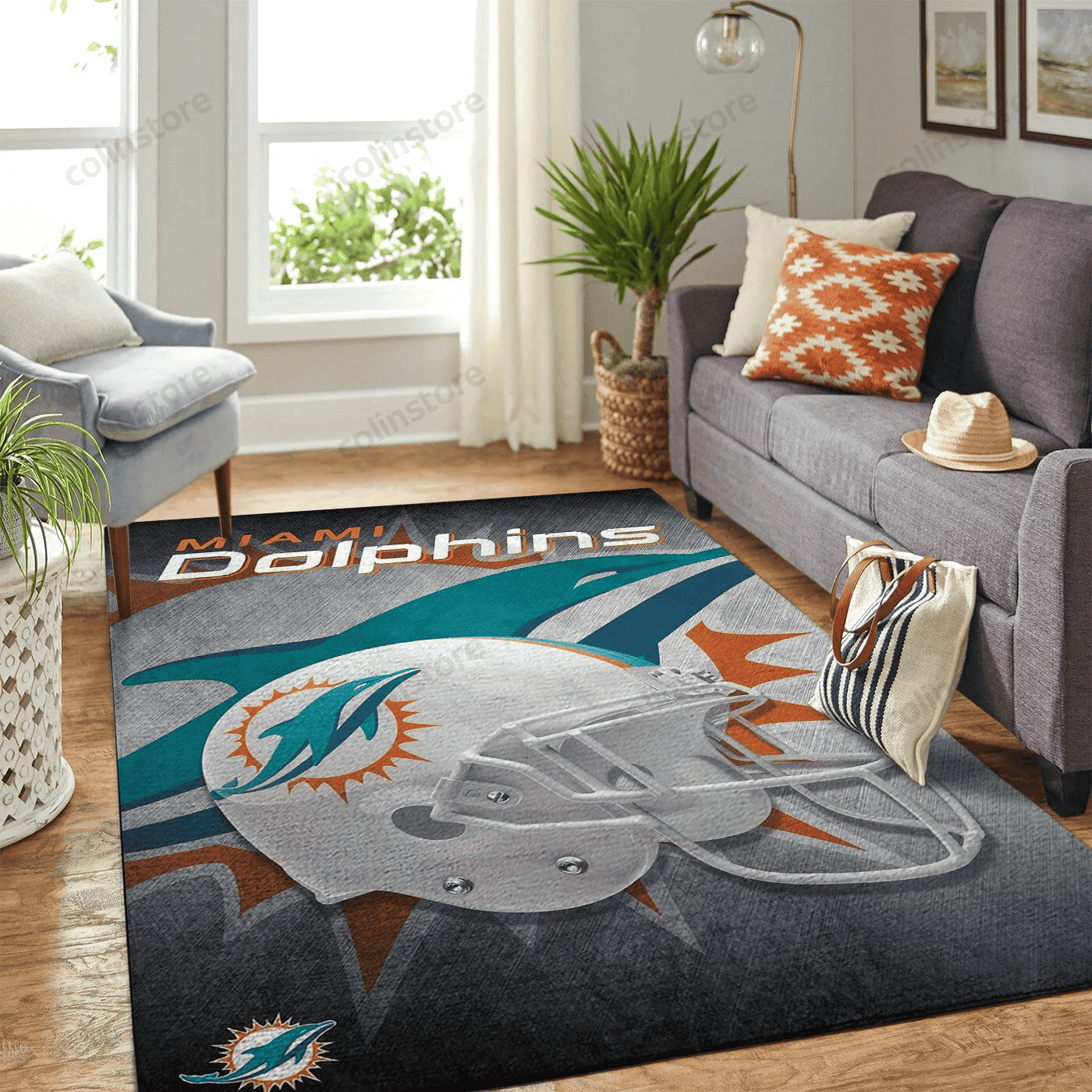 Miami Dolphins Team Logo Helmet Rectangle Area Rug – Full Print Carpet For Living Room & Bedroom Home Decor