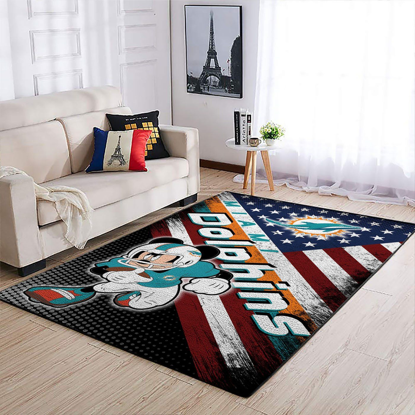 Miami Dolphins Team Logo Mickey Us Rectangle Area Rug – Full Print Carpet For Living Room & Bedroom Home Decor