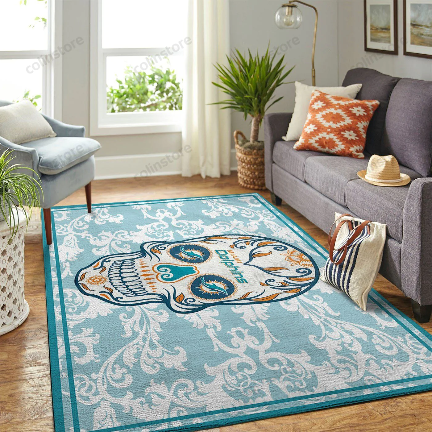 Miami Dolphins Team Logo Skull Flower Rectangle Area Rug – Full Print Carpet For Living Room & Bedroom Home Decor