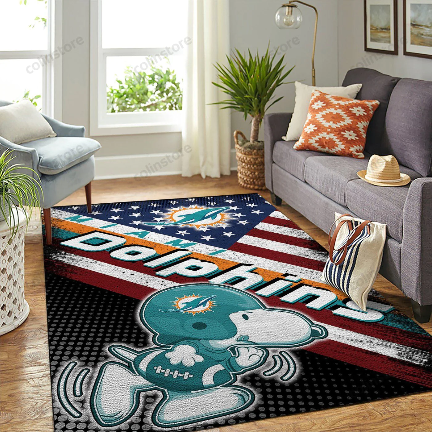 Miami Dolphins Team Logo Snoopy Us Rectangle Area Rug – Full Print Carpet For Living Room & Bedroom Home Decor