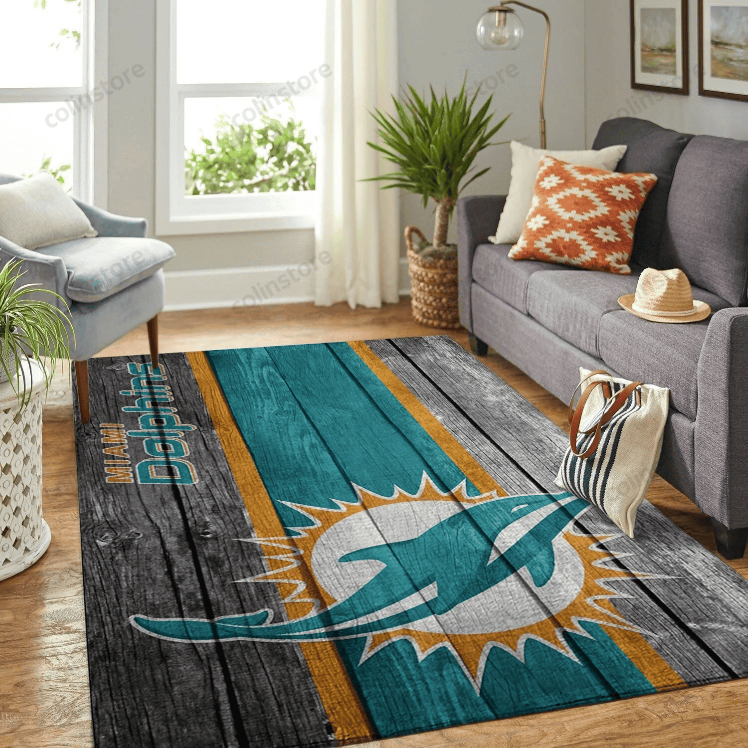Miami Dolphins Team Logo Wooden Rectangle Area Rug – Full Print Carpet For Living Room & Bedroom Home Decor