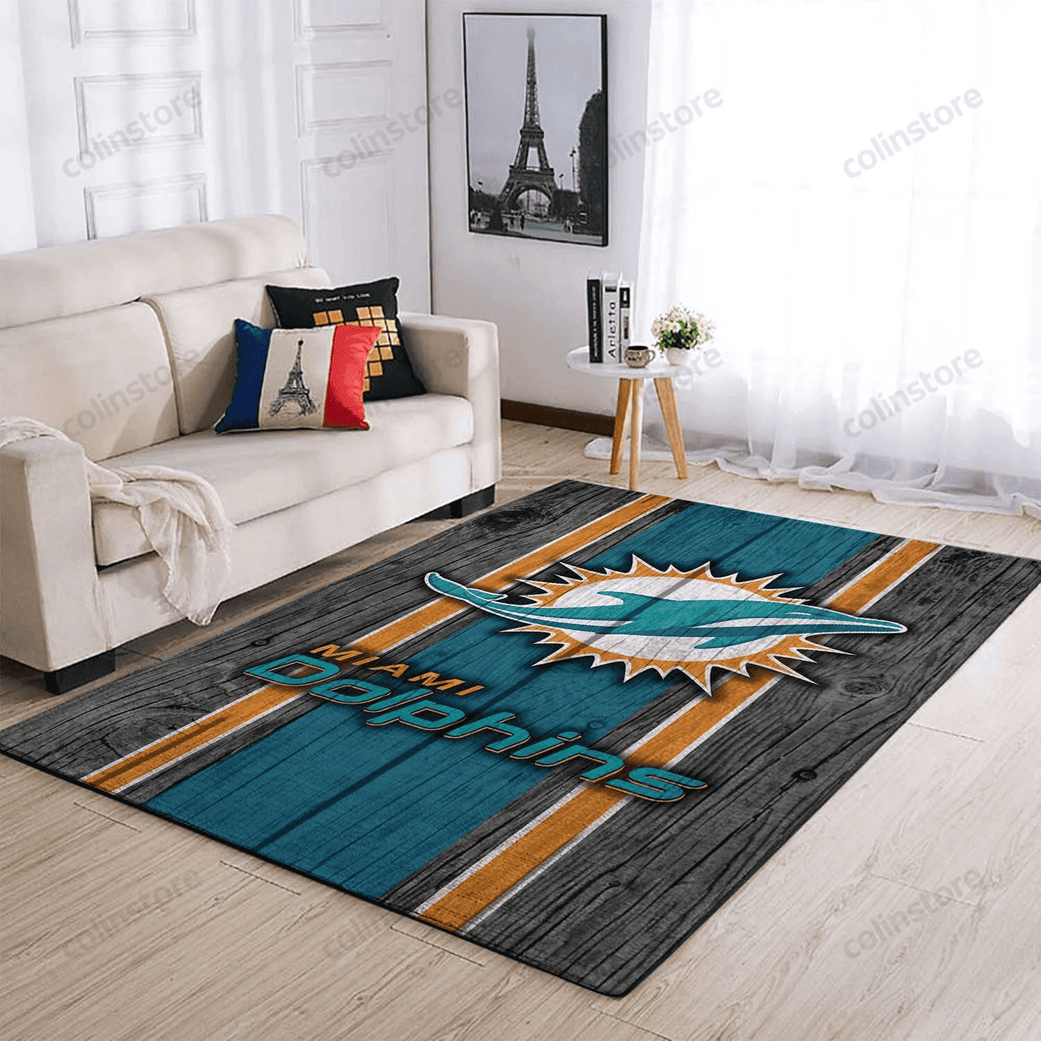 Miami Dolphins Team Logo Wooden Rectangle Area Rug – Full Print Carpet For Living Room & Bedroom Home Decor