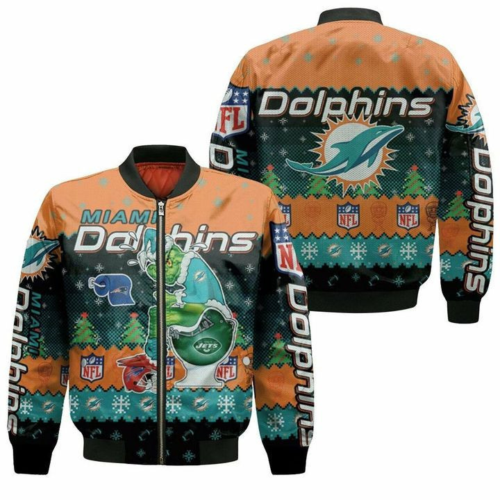 Miami Dolphins The Grinch Ugly Christmas Bomber Jacket | NFL Team Jacket for Men & Women | Football Fan Gift