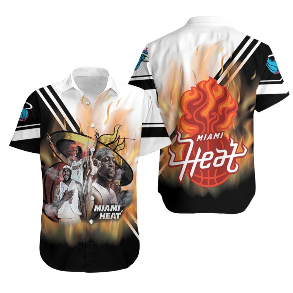 Miami Heat Big Three Chris Bosh Lebron James Dwyane Wade On Fire Aloha Hawaiian Shirt for Men & Women