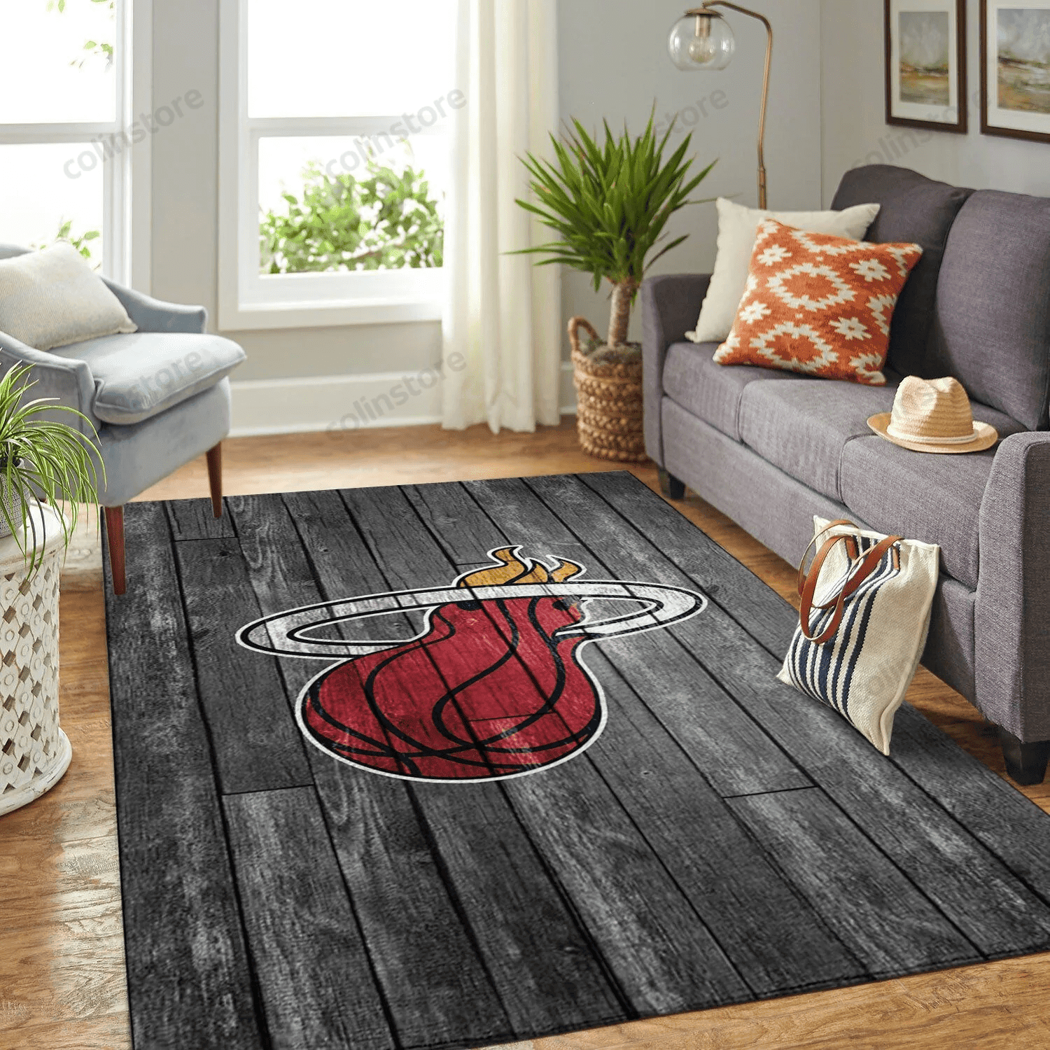 Miami Heat Team Logo Grey Wooden Rectangle Area Rug – Full Print Carpet For Living Room & Bedroom Home Decor